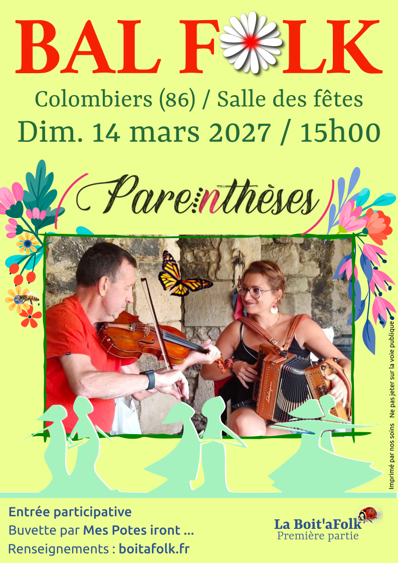 Affiche du bal folk du printemps le 14 mars 2027 à Colombiers 86